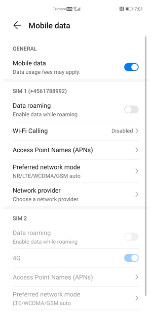 Scroll to SIM 1 or SIM 2 and select Preferred network mode