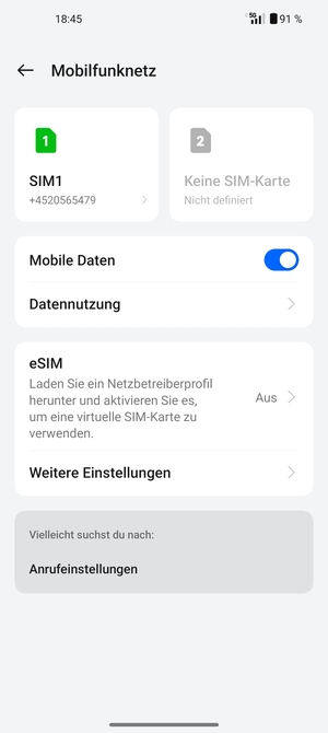 Wählen Sie SIM1 oder SIM2
