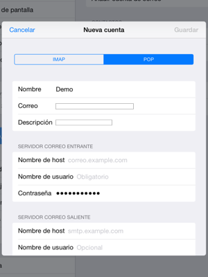 Seleccione POP o IMAP e introduzca la información de correo electrónico para SERVIDOR CORREO ENTRANTE