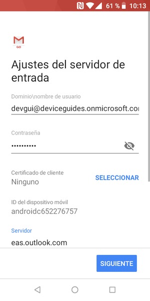 Introduzca Nombre de usuario y dirección del servidor Exchange. Seleccione SIGUIENTE
