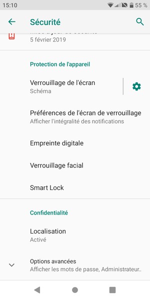 Pour modifier le code PIN de la carte SIM, faites défiler et sélectionnez Options avancées