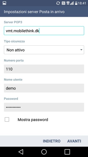 Inserisci l'indirizzo del server arrivo e Nome utente. Seleziona AVANTI