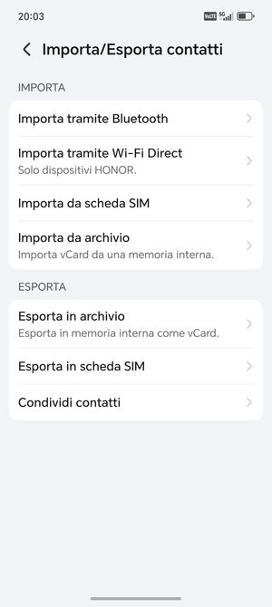 Seleziona Importa da scheda SIM