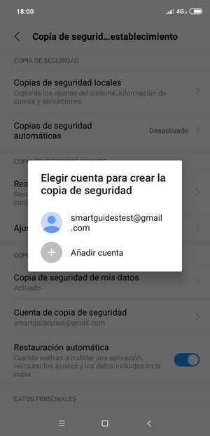 Seleccione su cuenta de copia de seguridad