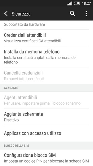 Per cambiare il PIN della scheda SIM, torna al menu Sicurezza, scorri fino a Configurazione blocco SIM e seleziona questa opzione