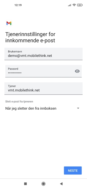 Skriv inn Brukernavn og innkommende serveradresse. Velg NESTE