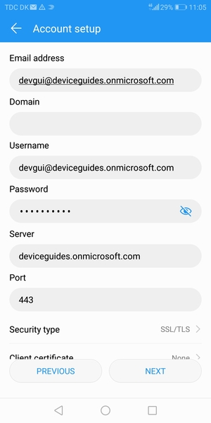 Enter Exchange server address and select NEXT