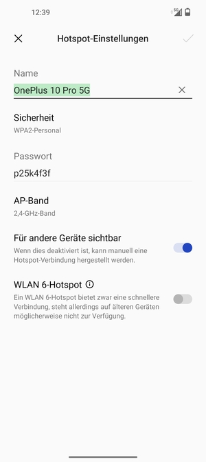 Geben Sie eine WLAN-Hotspot-Passwort mit mindestens 8 Zeichen ein und wählen Sie OK