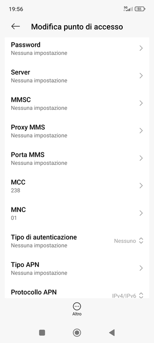 Scorri verso il basso e inserisci le informazioni degli MMS