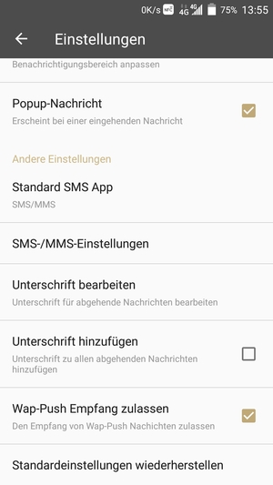 Scrollen Sie und wählen Sie SMS-/MMS-Einstellungen / Textmitteilung (SMS)