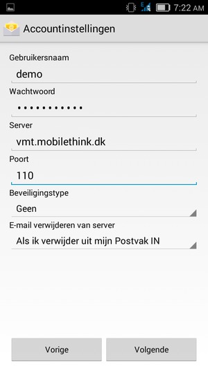 Voer Gebruikersnaam en binnenkomend serveradres in. Selecteer Volgende
