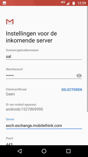 Voer Gebruikersnaam en Exchange serveradres in