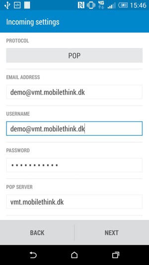 Enter email information for Incoming server settings. Select NEXT