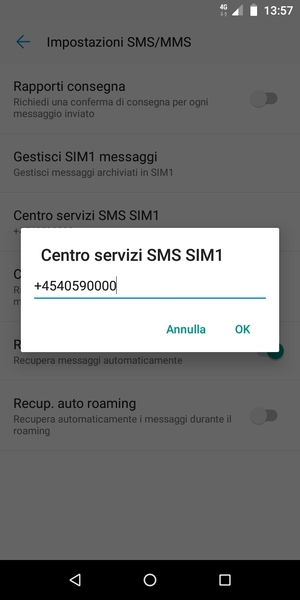 Inserisci il numero di Centro servizi SMS SIM e seleziona OK