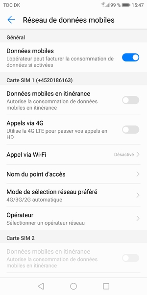 Faites défiler jusqu'à Carte SIM 1 ou Carte SIM 2 et sélectionnez Nom du point d'accès