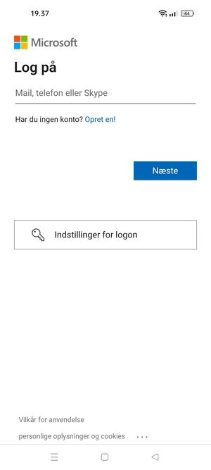 Indtast din e-mailadresse og vælg Næste
