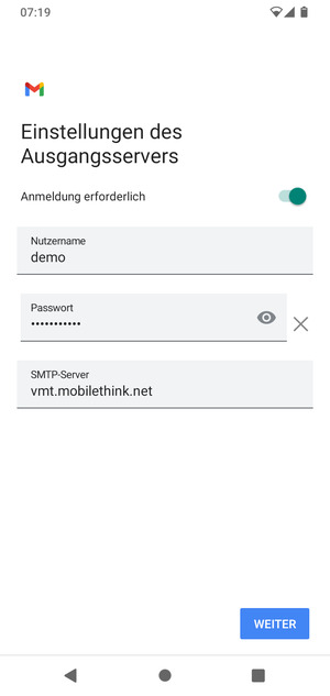 Geben Sie die Server-Adresse für ausgehende Post ein und wählen Sie WEITER