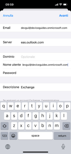 Inserisci informazioni email di Exchange e seleziona Avanti