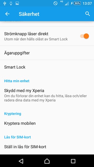 För att byta SIM-kortets PIN, återgå till Säkerhet-menyn och välj Ställ in lås för SIM-kort