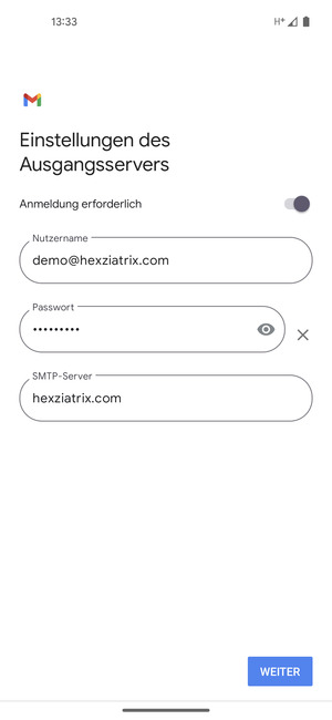 Geben Sie die Server-Adresse für ausgehende Post ein und wählen Sie WEITER