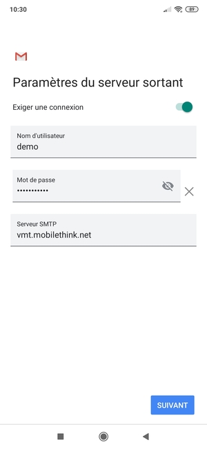 Saisissez l'adresse du serveur sortant