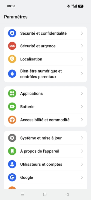 Faites défiler et sélectionnez Sécurité et confidentialité