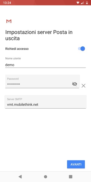 Inserisci l'indirizzo del server di posta in uscita