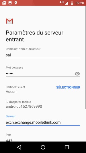 Saisissez Nom d'utilisateur et l'adresse du serveur Exchange