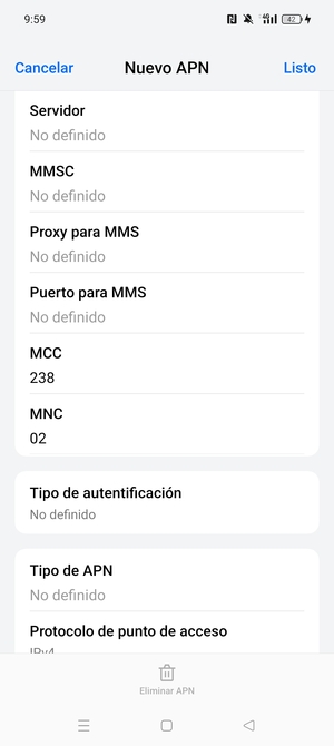 Desplácese hacia abajo e introduzca la información de Internet