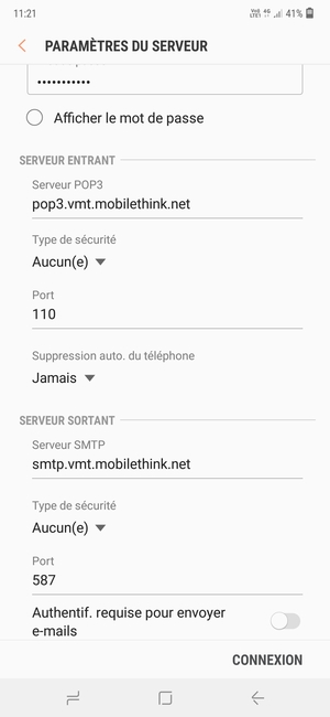 Désactiver le Authentif. requise pour envoyer e-mails et sélectionnez CONNEXION