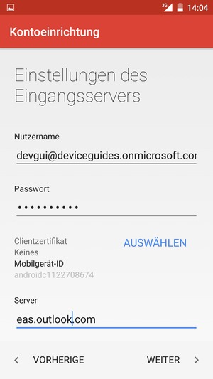 Geben Sie Benutzername und Exchange Server-Adresse ein. Wählen Sie WEITER