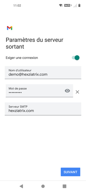 Entrez l'adresse du serveur Sortant et sélectionnez SUIVANT