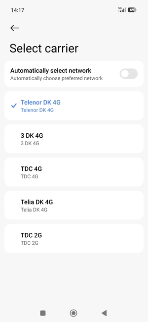 Select a network operator from the list