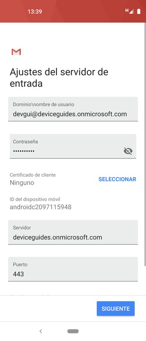 Introduzca Nombre de usuario y la dirección de servidor Exchange. Seleccione SIGUIENTE