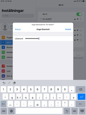 Ange lösenord till Wi-Fi och välj Anslut