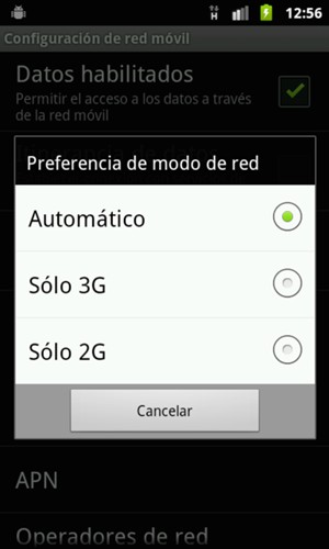 Seleccione Sólo GSM / 2G para habilitar 2G y Sólo WCDMA / 3G para habilitar 3G