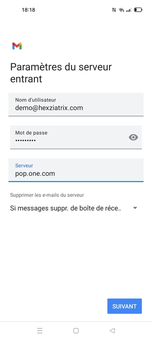 Saisissez votre Nom d'utilisateur et l'adresse du serveur entrant. Sélectionnez SUIVANT