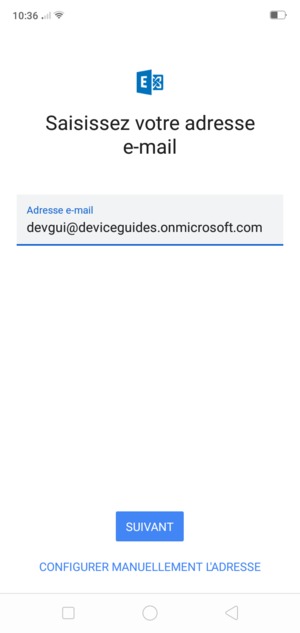 Saisissez votre adresse e-mail et sélectionnez CONFIGURER MANUELLEMENT L'ADRESSE