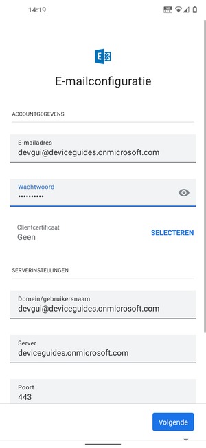 Voer Gebruikersnaam en Exchange serveradres in. Selecteer Volgende