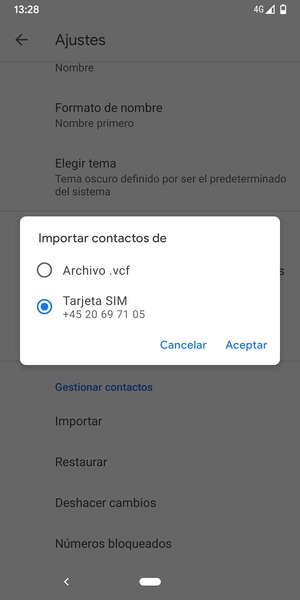 Seleccione Tarjeta SIM y Aceptar