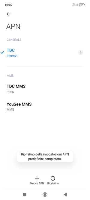 Le impostazioni del tuo telefono saranno ripristinate secondo le impostazioni internet e MMS predefinite