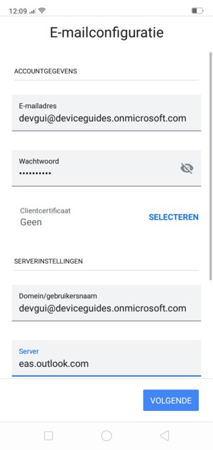 Voer Gebruikersnaam en Exchange serveradres in. Selecteer VOLGENDE