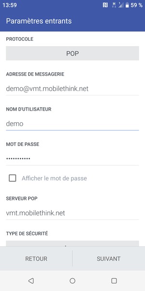 Saisissez votre Nom d'utilisateur et l'adresse du serveur entrant. Sélectionnez SUIVANT