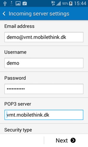 Enter Username and Incoming server address. Select Next