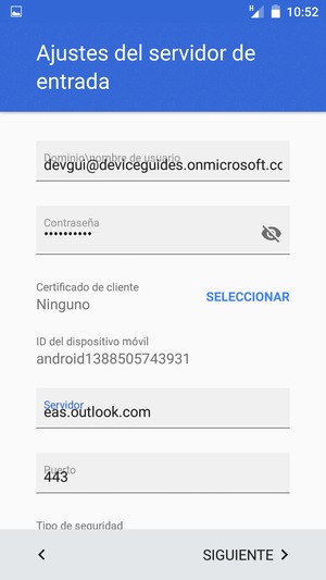 Introduzca Nombre de usuario y la dirección de servidor Exchange. Seleccione SIGUIENTE