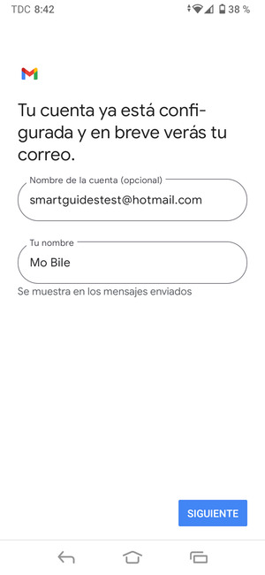 Déle a su cuenta un nombre y escriba su nombre. Seleccione SIGUIENTE