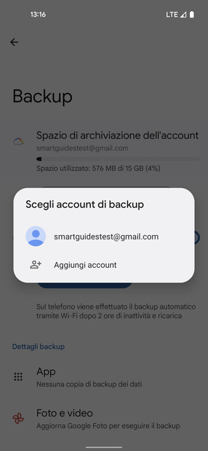 Seleziona il tuo account di backup