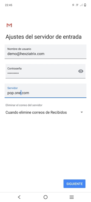 Introduzca Nombre de usuario y la dirección de servidor entrante. Seleccione SIGUIENTE