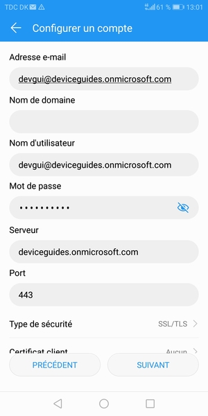 Saisissez l'adresse du serveur Exchange et sélectionnez SUIVANT
