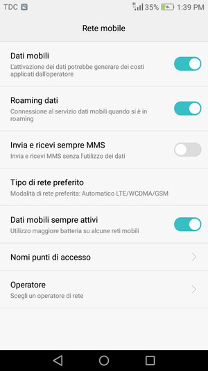 Attiva o disattiva Roaming dati